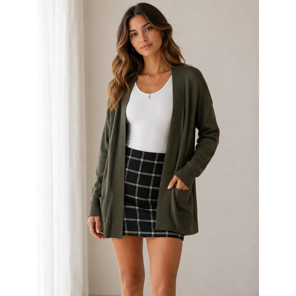 Ann Taylor Womens Large Olive Green Open Front Long Sleeve Cardigan Sweater E147